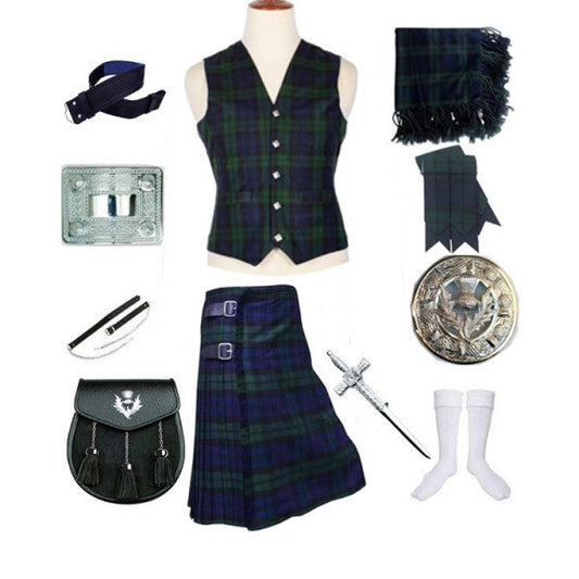 Black Watch Tartan Kilt Outfit With Vest | 11 Pcs