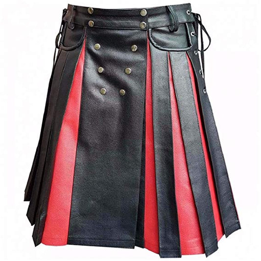 Men's Real Black & Red Leather Kilt Gladiator Pleated