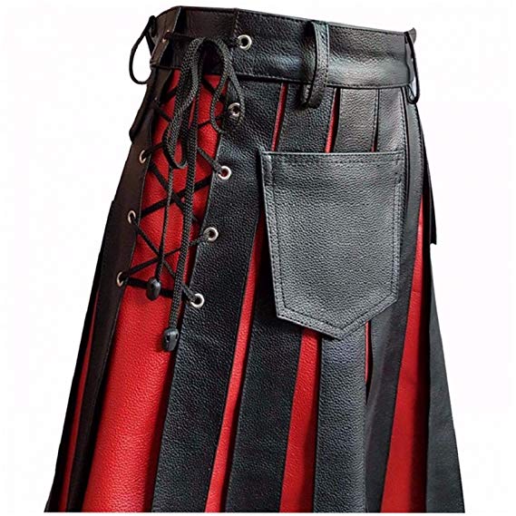Men's Real Black & Red Leather Kilt Gladiator Pleated
