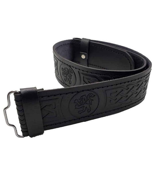 lion embossed black leather kilt belt