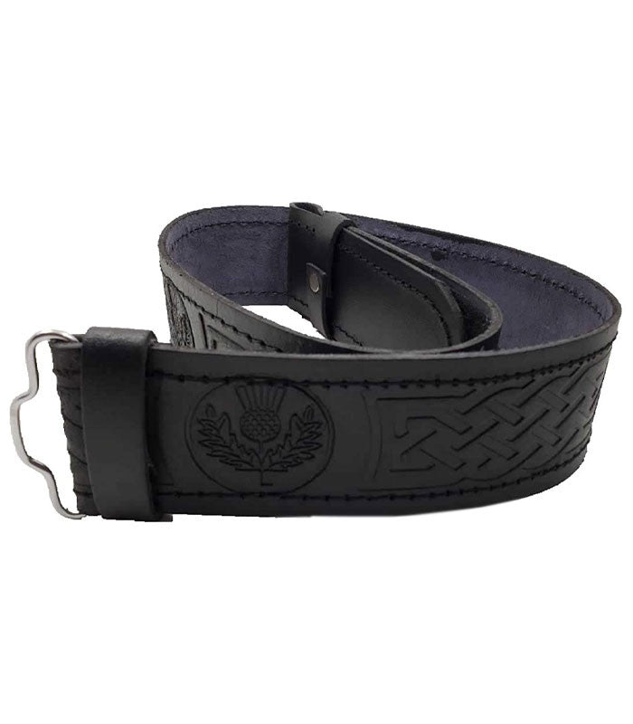 thistle embossed black leather kilt belt